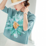 Naiste pluusid, plisseeritud prindiga O kaelus, naiste 2022. aasta suvetemperamendiga vabad s&auml;rgitopsid M sinine