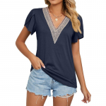 2023. aasta kevad-suvi elegantne kuldne pitspluus Naiste topid V-kaelusega moodne kuhjatud varrukatega s&auml;rk &uuml;hev&auml;rvilised riided 25126 S tumesinine