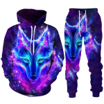 V&auml;rviline Wolf 3D Prinditud kapuutsiga &uuml;likond Meeste vabaaja Pullover Dressip&uuml;ksid Kaheosaline komplekt Lahe Streetwear Couple Jogger dresssuit 3XL blue
