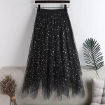 Qooth Women Fairy Star Sequins Mesh Tutu seelik l&auml;ikiv elastne v&ouml;&ouml;koht pikk t&uuml;ll A-line seelik QT2298 One Size