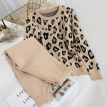 2tk/komplekt Naised Kootud Leopard Pullover Kampsunid+P&uuml;ksid Komplektid Naine Mood Džemprid P&uuml;ksid 2 TK Kost&uuml;&uuml;mid Riietus S-XXL S khaki