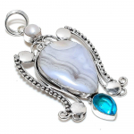 Natural Blue Lace Agate, Blue Topaz 925 Sterling Silver Pendant 3.43 h0u19