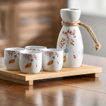 5 tk/komplekt keraamiliste veiniklaaside komplekt Loomingulise mustriga keraamiline tass ja veekeetja, kaasaskantav v&auml;lik&auml;mpingu piknikule s&uuml;nnip&auml;evakingitus Bamboo Porcelain Sake Set