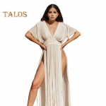 Lady Beachi maksikleit V-kaelusega, l&uuml;hikeste varrukatega, poolitatud &auml;&auml;risega, plisseeritud paeltega, keerutatud k&ouml;iega, k&otilde;rge v&ouml;&ouml;kohaga, &uuml;hev&auml;rviline, pikad bikiinid armee roheline v&auml;rv