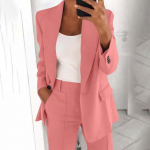 Women's Spring Fashion Polo Senior Slim Lapel Cardigan Temperament Suit Jacket Set Plus Size L roosa