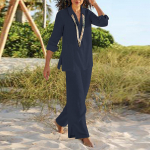 Naiste linane kaheosaline &uuml;likond, linane &uuml;likond, p&uuml;ksid ja pikkade varrukatega s&auml;rgid. Suurem&otilde;&otilde;tmeline vabaaja p&uuml;kskost&uuml;&uuml;m V-kaelusega linane pluus avar linane p&uuml;ksid XXXXXL