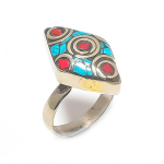Natural Tibetan Turquoise, Coral 925 Sterling Silver Ring Size Adjustable w1b87