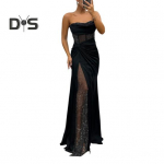 Naiste &otilde;htukleit Bandeau &otilde;lgadeta varrukateta plisseeritud s&otilde;lmv&otilde;rgust lapiline l&auml;ikiv litriga pallikleit, maapikkus, satiinist p&otilde;randapikkus piduliku balli maksikleit M must