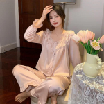 J&auml;&auml;siidist pidžaama naiste s&uuml;gis pikkade varrukatega pikkade p&uuml;kstega kardiganikomplekt s&uuml;gis uus koduriietus lahtine pitsist &otilde;huke stiil S