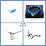 Pierres et Min&eacute;raux. Parure bijoux Bracelet Collier 4 perles Agate ruban&eacute;e bleu 8 mm. Taille personnalisable.