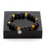 Pierres et Min&eacute;raux. Bracelet Perles Ambre v&eacute;ritable de la mer Baltique + Lave 8 mm. Fabriqu&eacute; en France.