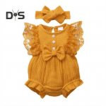 Vasts&uuml;ndinu Bow-s&otilde;lme kombinesoon, pitsist volangidega varrukatega body 0&ndash;12 kuu vanusele beebit&uuml;drukule &Uuml;markaelus ja n&ouml;&ouml;pidega imikute suvekomplekt fotode jaoks 3-6M kollane