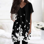 Naiste topid V-kaelusega l&uuml;hikeste varrukatega pluusid vabaaja keskmise pikkusega s&auml;rgid Moodsad tr&uuml;kised taskutega tuunikatopid L must