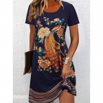 Naiste elegantne paabulinnu ja lilledega mustriga kleit &ndash; hingav 3D-graafika &uuml;mara kaelusega l&uuml;hikeste varrukatega triikleit XS