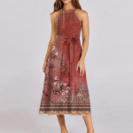 Naiste vabaaja &uuml;mara kaelusega midi kleit, p&otilde;hiline klassikaline v&auml;ljas igap&auml;evane varrukateta lahtine boho sidumiskleit, suvine rannakleit L armee roheline v&auml;rv