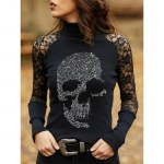 Kevadine ja s&uuml;gisene naiste pluus Skull Lace Splicing k&otilde;rge kaelusega pikkade varrukatega must top L