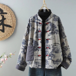 Autumn And Winter Ink Painting Printed Double Yarn Cotton Jacket Women's Stand Collar Long Sleeve Retro Button Quilted Coat a212 M hall