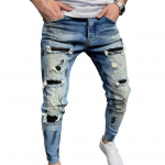 Meeste Teksap&uuml;ksid Rebitud Valgendatud Mitme Taskuga Alaosad Kitsad Pestavad Denim P&uuml;ksid Streetwear XL sinine