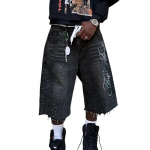 ROADVIBE Meeste Suvised Vabaaja Denim L&uuml;hikesed P&uuml;ksid P&otilde;lvepikkusega Trendikad T&auml;hega Tikitud Kivist Jeansid L&uuml;hikesed P&uuml;ksid Moodne Streetwear S must