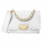 MICHAEL KORS Pagasi seeria T&auml;hekujuline logo Klapp Puhkuse stiil Punutud kett Veisenahast &Otilde;lakott Crossbody kott Eriti v&auml;ike Naiste Puhtvalge valge