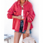 Naiste teksajakk rebenenud allapoole keeratud kraega pikkade varrukatega topid taskutega, &uuml;herealised tutid mantel lahtised v&auml;lisr&otilde;ivad M arbuusipunane v&auml;rv