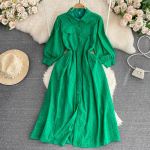 Retro First Love pikk seelik Super Xianson Lapel Waist &otilde;huke &uuml;herealine &otilde;&otilde;nsa kleit M roheline