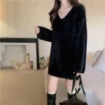 V-kaelusega sviiter naaritsa fliisist sviiter, keskmise pikkusega naiste s&uuml;gis/talv sviiter, avara kootud kampsun, naiste topp One Size must