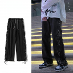 Cross Ribbon Jeans Meeste kottis teksap&uuml;ksid Y2K gooti t&auml;navar&otilde;ivad Korea riided meeste p&uuml;ksid M must