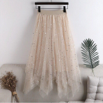 Qooth Women Fairy Star Sequins Mesh Tutu seelik l&auml;ikiv elastne v&ouml;&ouml;koht pikk t&uuml;ll A-line seelik QT2298 One Size