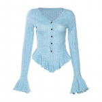 Korea Style Sweet Hot Girl Sexy Flare Sleeve kardigan naiste s&uuml;gisene &uuml;hev&auml;rviline V-kaelus &otilde;huke &otilde;huke &uuml;laosa mood naiste riided S sinine
