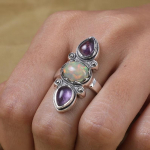 Amet&uuml;stist ja opaalist v&auml;&auml;riskivist s&otilde;rmus, k&auml;sitsi valmistatud disains&otilde;rmus, Boho s&otilde;rmus, 925 sterling h&otilde;be, pulmakink 6