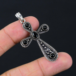 Natural Black Spinel Handmade 925 Sterling Silver Gift Cross Pendant 2.10 o1o63