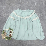 Johnature Fungus Edge Pullover Jacquard Top Metsa pitsist puuvillane s&auml;rk Spring Sweet Doll Loose Casual naiste s&auml;rgid One Size roheline