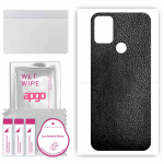 apgo Protective Skin Sticker for the back compatible with HTC Wildfire E2 Plus, Wrap Film, Foil, Vinyl - Pattern Black Leather
