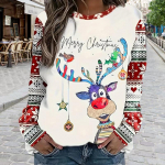 Topid naistele Christmas Deer Print &Uuml;markaelusega pikkade varrukatega T-s&auml;rk Fall Casual Slim Pullover naiste pikkade varrukatega top XS valge