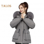 Naiste talvemantel Paks pl&uuml;&uuml;s karvane kapuutsiga pikkade varrukatega taskud pingutusn&ouml;&ouml;rid v&ouml;&ouml;kohal lukuga tuulekindel keskmise pikkusega mantel v&auml;lisriided M sinine