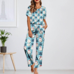 Naiste j&auml;&auml;siidist satiinist j&otilde;uluprintidega pidžaamakomplekt l&uuml;hikeste varrukatega s&auml;rgi ja pikkade pidžaamap&uuml;kste komplekt Pehmed koduriided L valge