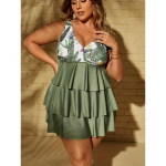 Suur Suurus Puhkuse Tankini Komplekt, Naiste Suur Suurus Troopilise Mustriga V-kaelusega Kihiline Volang&auml;&auml;rega Cami Top ja P&uuml;ksikud Kaheosaline Ujumisriiete Komplekt 1XL(14) roheline