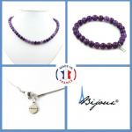 Pierres et Min&eacute;raux. Parure bijoux Bracelet Collier perles Am&eacute;thyste 8 mm. Chaine en acier Taille personnalisable.