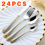 24 TK Vanaaegne L&auml;&auml;ne Kuldne Pinnatud Lauan&otilde;ude &Otilde;htus&ouml;&ouml;gikahvli ja Noa Komplekt Kuldne S&ouml;&ouml;giriistade Komplekt Roostevabast Terasest Graveeritud Lauan&otilde;ud