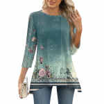 3/4 varrukatega tuunikatopsid naistele, tr&uuml;kitud igap&auml;evaseks n&auml;dalavahetuseks lahtise vormiga moodne &uuml;mara kaelusega T-s&auml;rk M beež