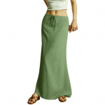 Yousheng Women Maxi Skirt Mid-rise A-Line Drawstring Solid Color Long Skirt Easy to Match Lady Skirt Work Leisure Daily Wear M