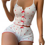 2tk/komplekt Lady Homewear Top l&uuml;hikesed p&uuml;ksid &uuml;likond Heart Print Bow Decor Varrukateta seljata vest Elastne k&otilde;rge v&ouml;&ouml;kohaga l&uuml;hikesed p&uuml;ksid Camis Shorts Outfit Lady XL valge