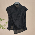 Retro &Otilde;huke S&auml;rk Uus Hiina Stiil Cheongsam Top Must Jacquard L&uuml;hikeste Varrukatega T-s&auml;rk Suvi K&uuml;ps Mood Naiste R&otilde;ivad M must