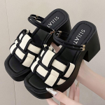 Ruudukujulised kontsad 9CM Avatud varbaga sandaalid naistele Vintage Disainer pakkumisel Luksuslikud 2025 Vabaaja Suvised Naiste Kingad Rannakingad 35 must