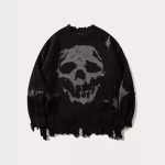 Hip hop tumedat t&auml;navat stiilis Euroopa ja Ameerika luustiku žakaarkirjaga rebitud kampsun s&uuml;gis ja talv meeste ja naiste lai pullover kootud kampsun M gray