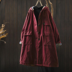 Johnature Naiste Vintage Kapuutsiga N&ouml;&ouml;bitavad Talvemantlid &Uuml;hev&auml;rvilised Patchwork Taskutega Soojad Pikad Mantlid One Size punane