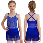 All-in-One Performance Dress for Girls: Rhinestone, Mesh, Tassel Fringe Combined in One Bodysuit for Easy Costume 5-6 Years kuninglik sinine v&auml;rv