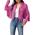 Naiste kunstnahast seemisnahast tutiga jakid - Vintage rev&auml;&auml;riga avatud eesosa teksastiilis pikad varrukad tutid kampsunmantel topid XXXL pink
