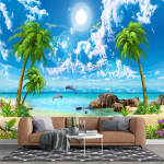 3D Palm Beach Tapeet Mereranna Maastikuga Tapeet Ranniku Seinakujundus 200 cm(W) x 140 cm(H)
